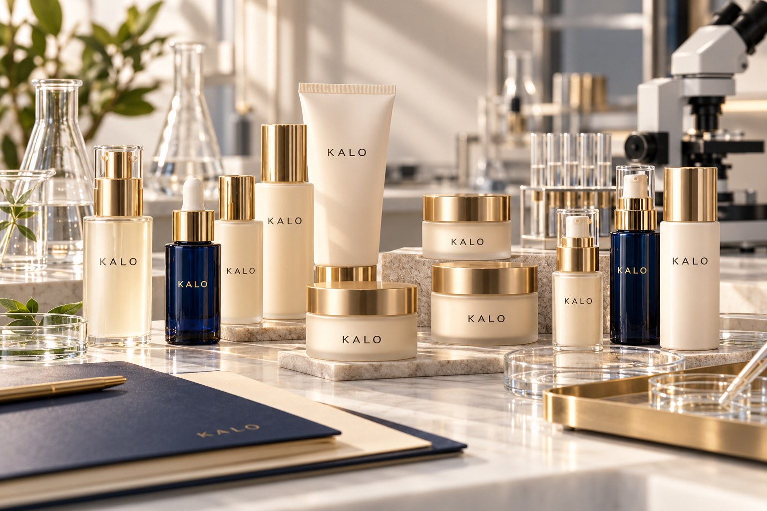 KALO skincare and clinical products presented in an illustrative research lab setting